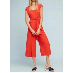 Anthropologie Abbey Wide Leg Crop Jumpsuit Romper Belted Bright Orange Size 0 XS